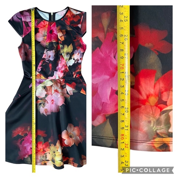 Ted Baker Pink Embla Cascading Floral Skater Dress Ted Size 1 Black Cap Sleeve - Picture 11 of 14